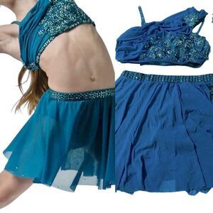 Glamour solo 2 piece dance costume teal blue lyrical embellished bling MA adult